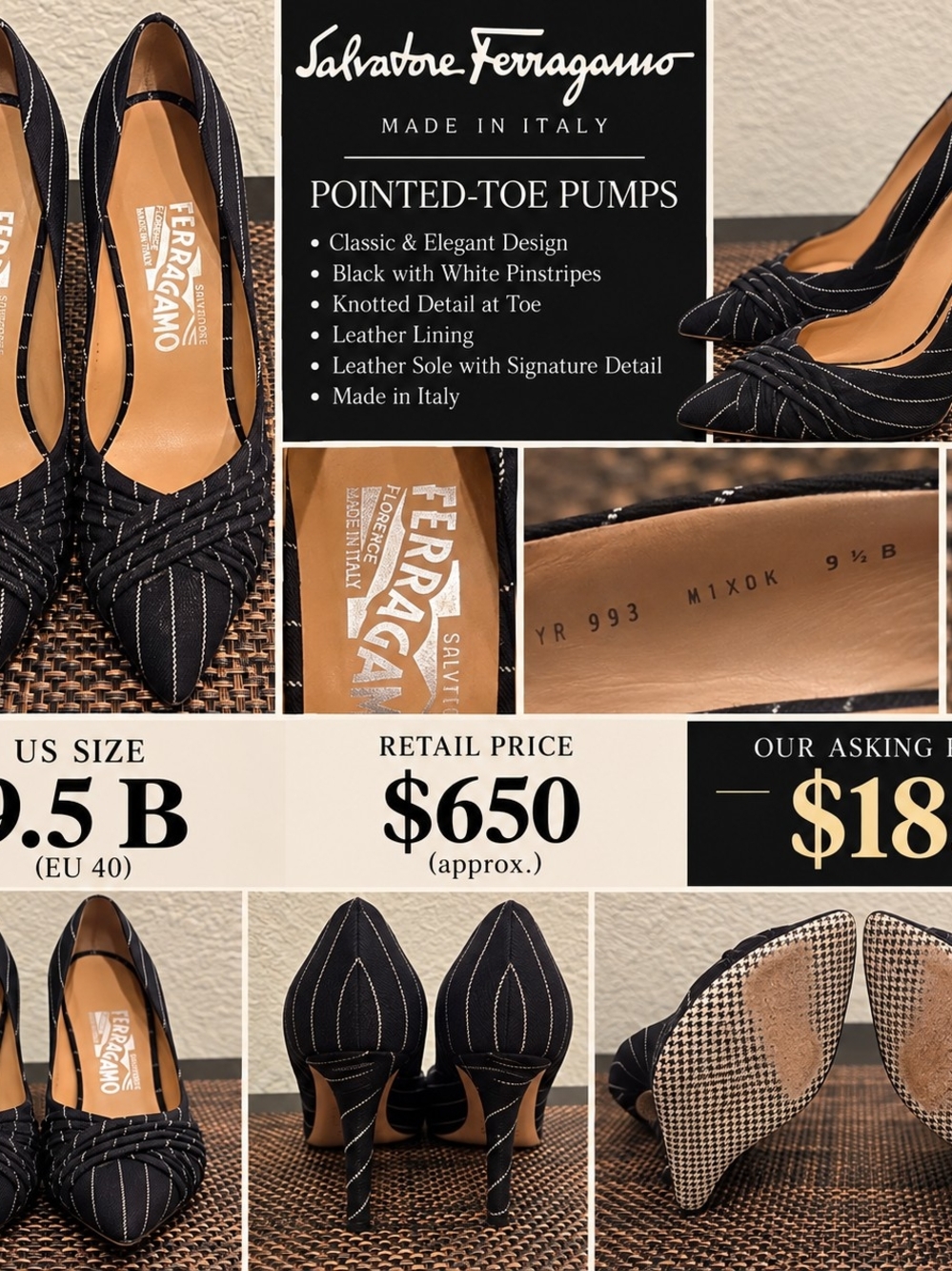 Salvatore Ferragamo Black Pinstripe Pointed-Toe Pumps